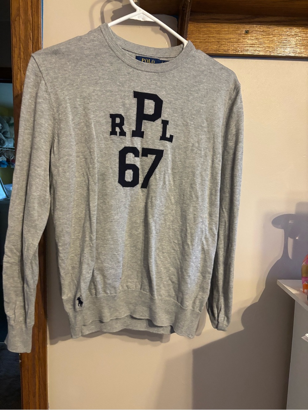 Ralph Lauren Light Gray Crewneck Sweatshirt with Navy 'RPL 67' Appliqué